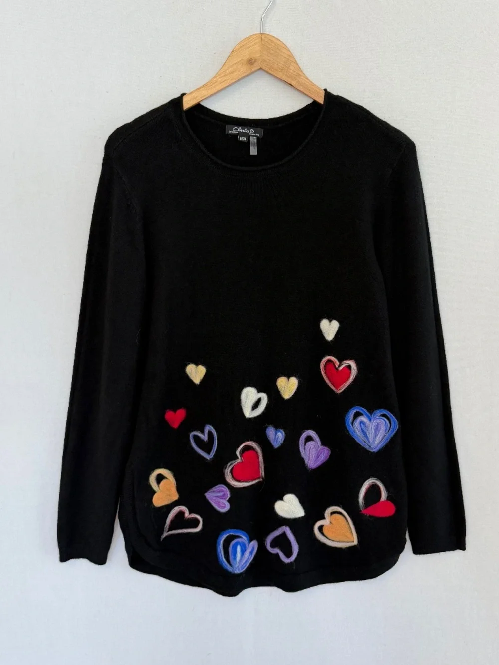 CHARLIE B Women’s Medium Black Colorful Felted Hearts Crew Neck Sweater